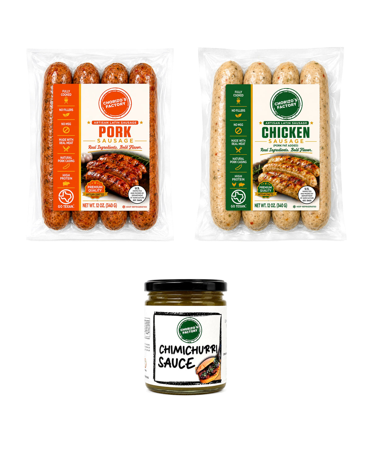 Chorizo's Factory Pork plus Chicken Cookout Kit: one 12 oz Pork pack, one 12 oz Chicken pack and an 8 oz jar of cilantro chimichurri