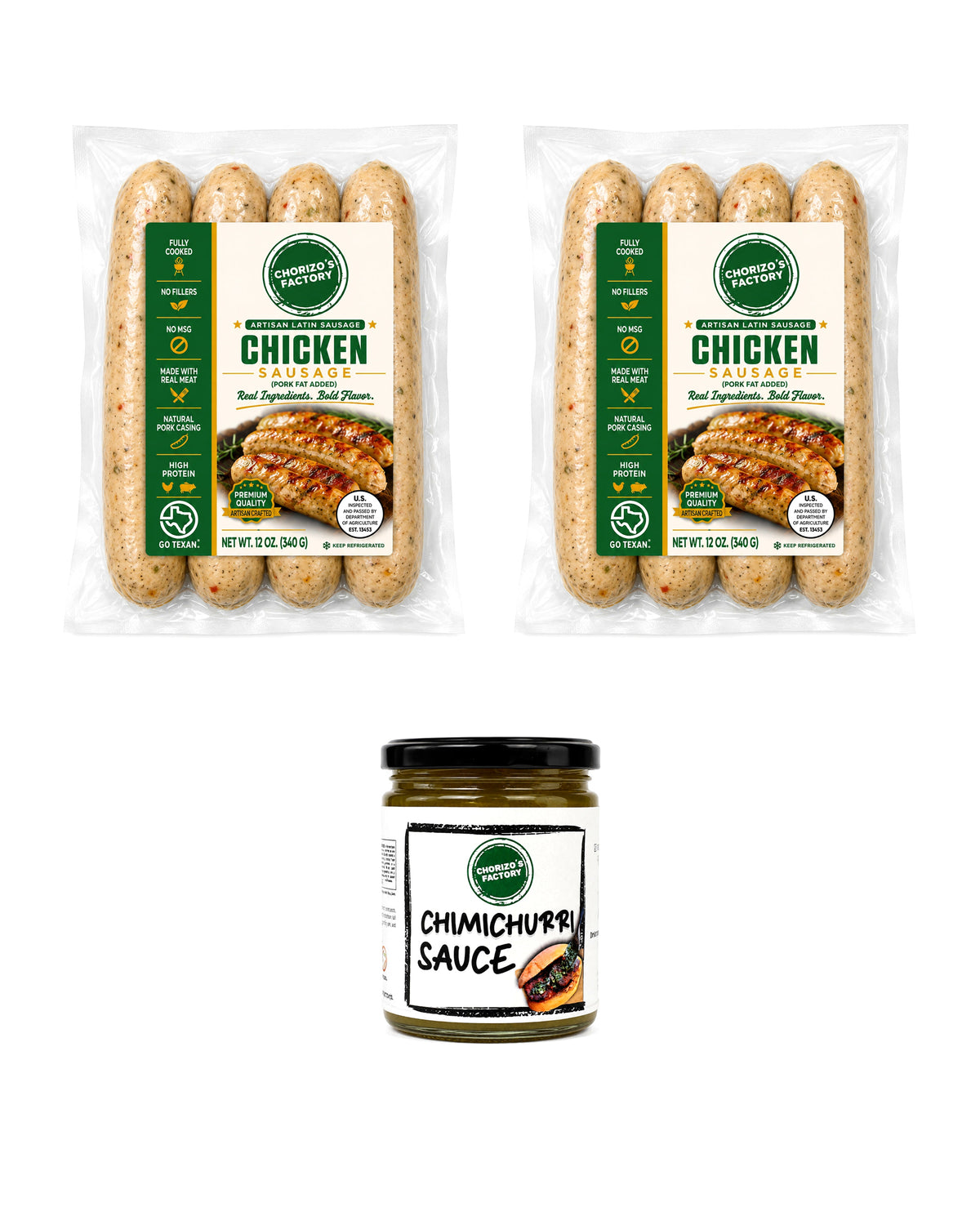 Chorizo's Factory Chicken Chorizo Cookout Kit: two 12 oz Chicken chorizo packs and an 8 oz jar of cilantro chimichurri