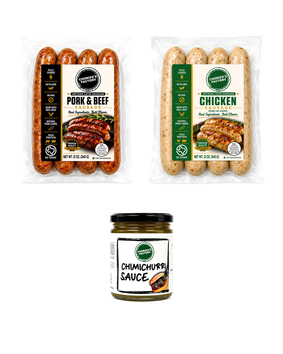 Chorizo's Factory Pork and Beef plus Chicken Cookout Kit: one 12 oz Pork and Beef pack, one 12 oz Chicken pack and an 8 oz jar of cilantro chimichurri