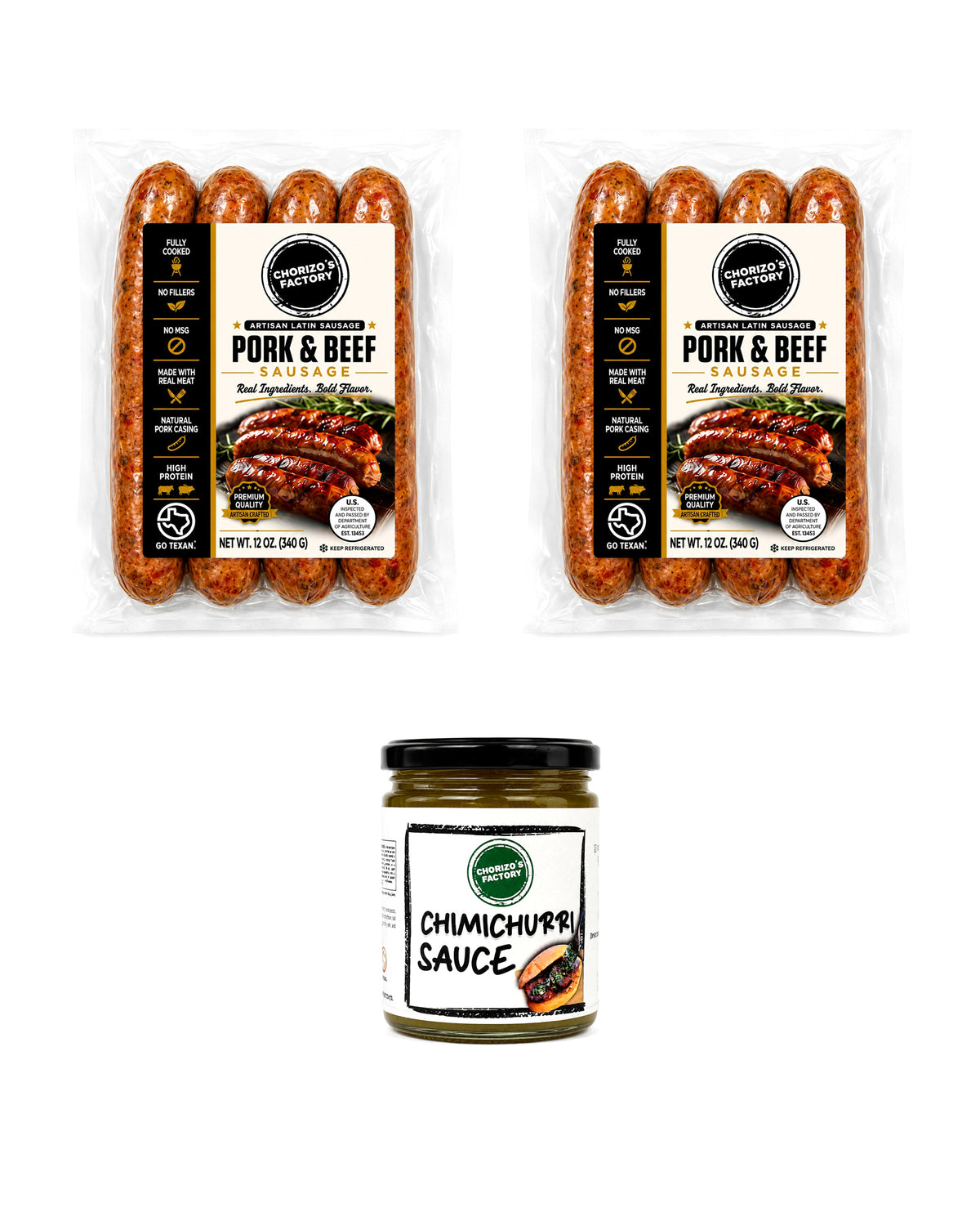 Chorizo's Factory Pork and Beef Chorizo Cookout Kit: two 12 oz Pork and Beef chorizo packs and an 8 oz jar of cilantro chimichurri