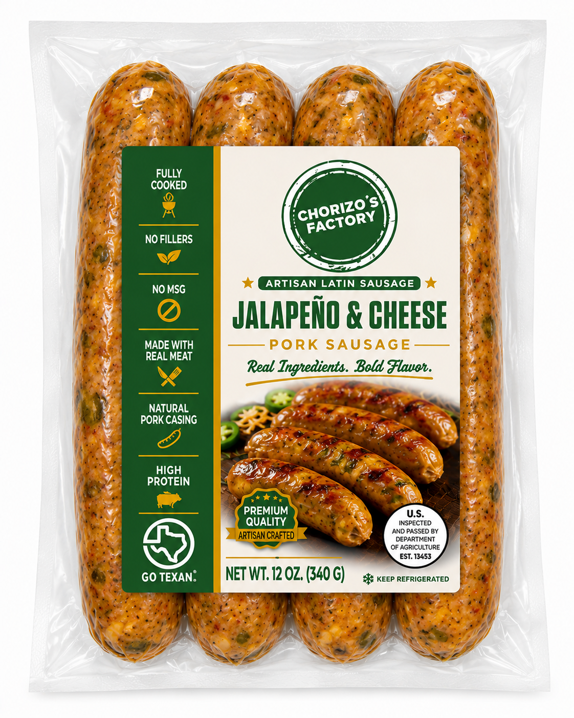 Variety Pack contents: Chorizo's Factory Jalapeno and Cheese Sausage 12 oz pack