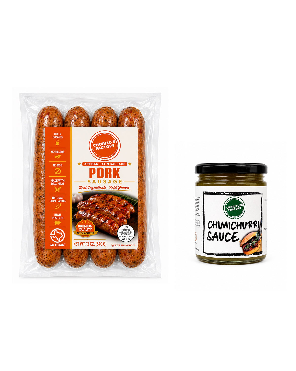 Chorizo's Factory Chorizo & Chimichurri Duo: one 12 oz Pork chorizo pack and one 8 oz jar of cilantro chimichurri