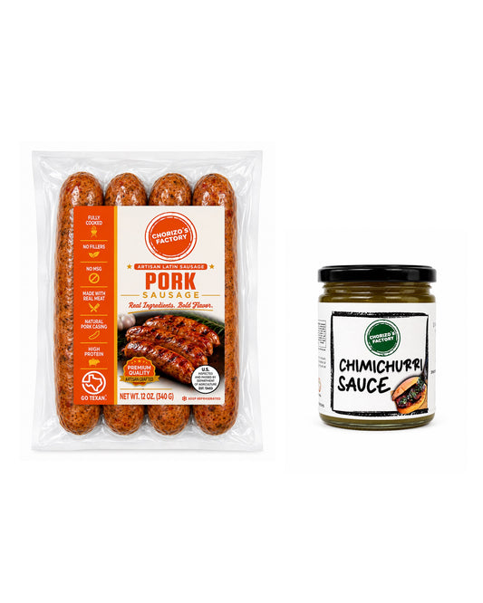 Chorizo's Factory Chorizo & Chimichurri Duo: one 12 oz Pork chorizo pack and one 8 oz jar of cilantro chimichurri
