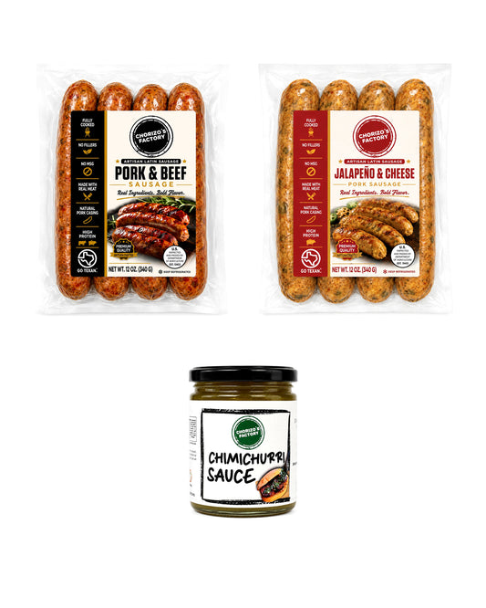Chorizo's Factory Pork and Beef plus Jalapeno and Cheese Cookout Kit: one 12 oz Pork and Beef pack, one 12 oz Jalapeno and Cheese pack and an 8 oz jar of cilantro chimichurri