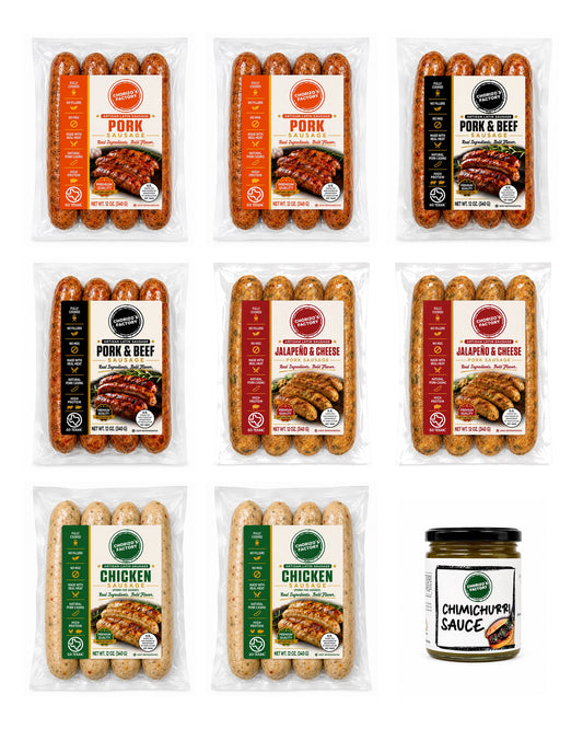 Chorizo's Factory Grill Party Pack: eight 12 oz chorizo packs, two of each flavor (Pork, Pork & Beef, Jalapeno & Cheese, Chicken), plus an 8 oz jar of cilantro chimichurri