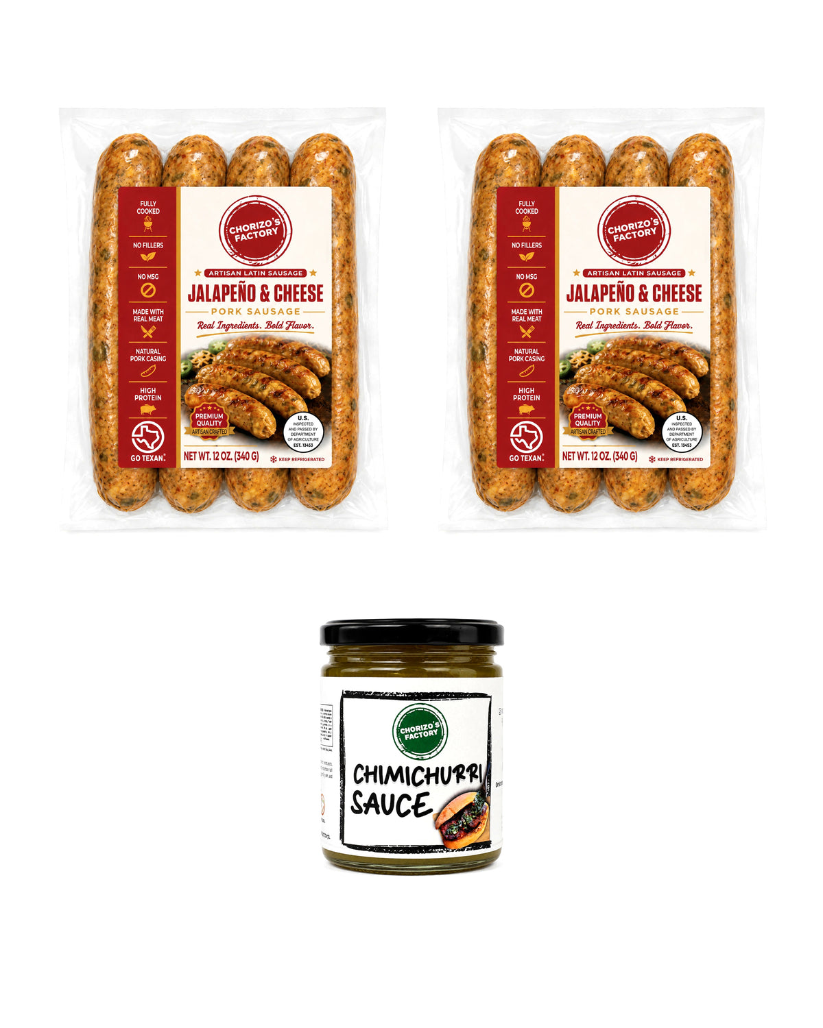Chorizo's Factory Jalapeno and Cheese Chorizo Cookout Kit: two 12 oz Jalapeno and Cheese chorizo packs and an 8 oz jar of cilantro chimichurri