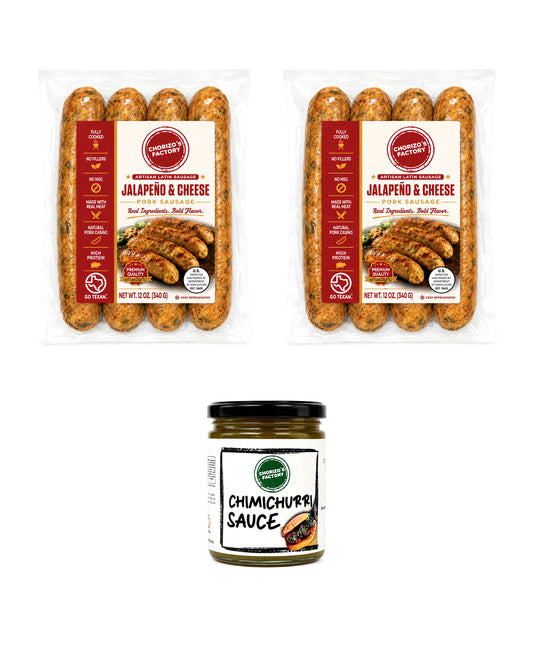 Chorizo's Factory Jalapeno and Cheese Chorizo Cookout Kit: two 12 oz Jalapeno and Cheese chorizo packs and an 8 oz jar of cilantro chimichurri