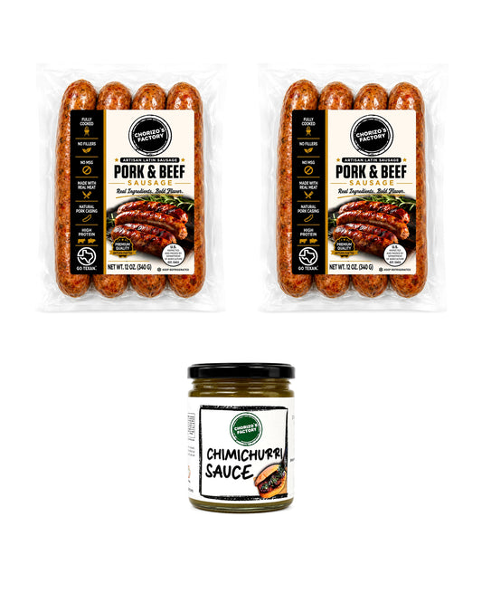 Chorizo's Factory Pork and Beef Chorizo Cookout Kit: two 12 oz Pork and Beef chorizo packs and an 8 oz jar of cilantro chimichurri