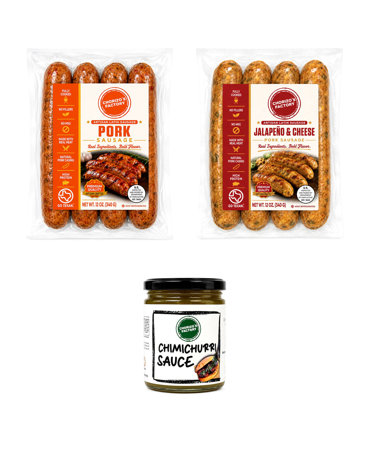 Chorizo's Factory Pork plus Jalapeno and Cheese Cookout Kit: one 12 oz Pork pack, one 12 oz Jalapeno and Cheese pack and an 8 oz jar of cilantro chimichurri