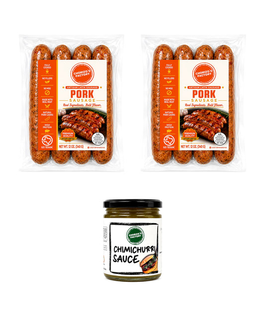 Chorizo's Factory Pork Chorizo Cookout Kit: two 12 oz Pork chorizo packs and an 8 oz jar of cilantro chimichurri