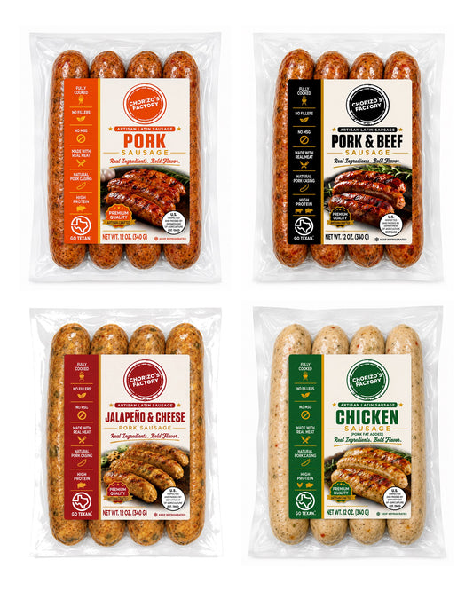 Chorizo's Factory Variety Pack: four 12 oz packs - Pork, Pork & Beef, Jalapeno & Cheese and Chicken